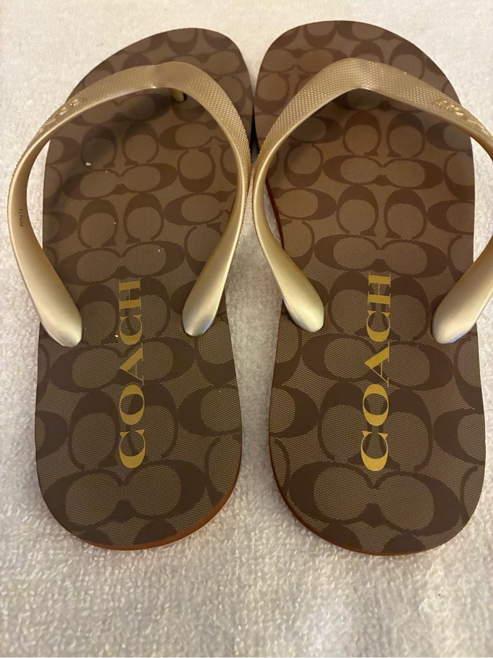 Coach Natalee/Zak Signature Monogram Brown Gold Flip Flops with Gold Straps - Picture 2 of 5